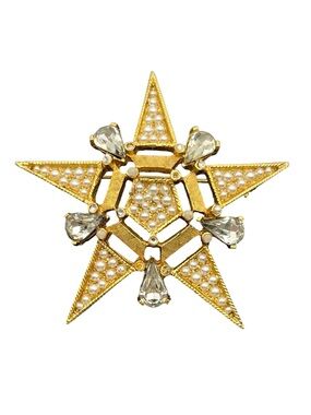 Hattie Carnegie star celestial gold tone clear rhinestone faux pearl brooch pin